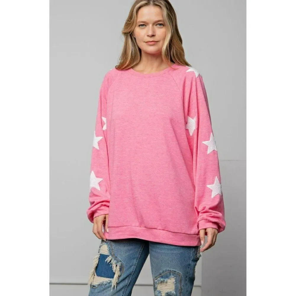Easel Clothing Ultra Soft Hacci Pullover Star Print Slouchy Barbie Pink ET10831 - Picture 4 of 5